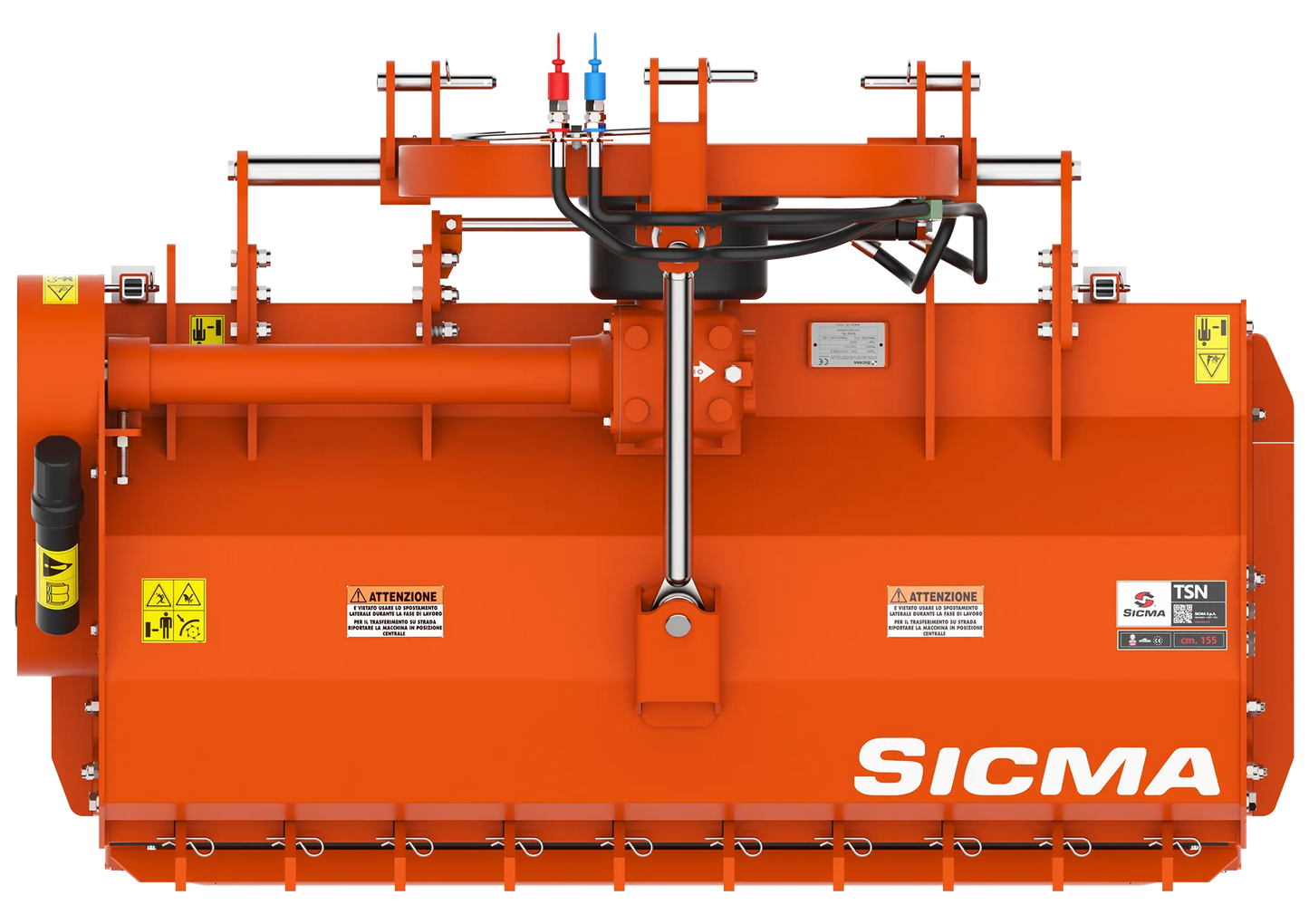 Vista dall’alto della trinciatrice Sicma TSN 155 spostabile con disposizione dei comandi idraulici e componenti meccanici.
