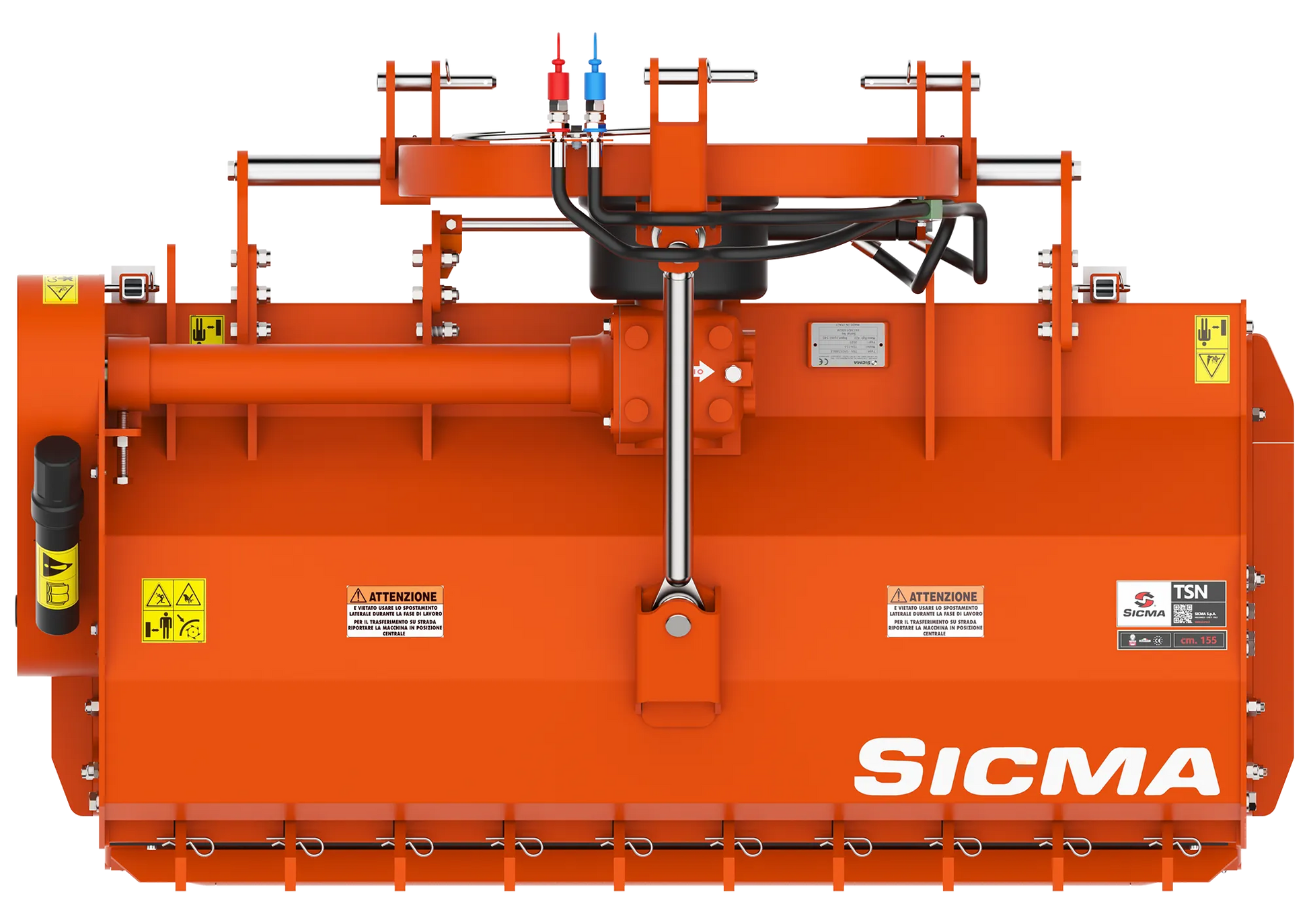 Vista dall’alto della trinciatrice Sicma TSN 155 spostabile con disposizione dei comandi idraulici e componenti meccanici.
