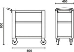 Disegno tecnico di un carrello con ruote, dimensioni 900x800x450 mm, dotato di maniglia e due ripiani. Perfetto per uso industriale o domestico, ottimo per trasporto e organizzazione di materiali. Design robusto e funzionale.