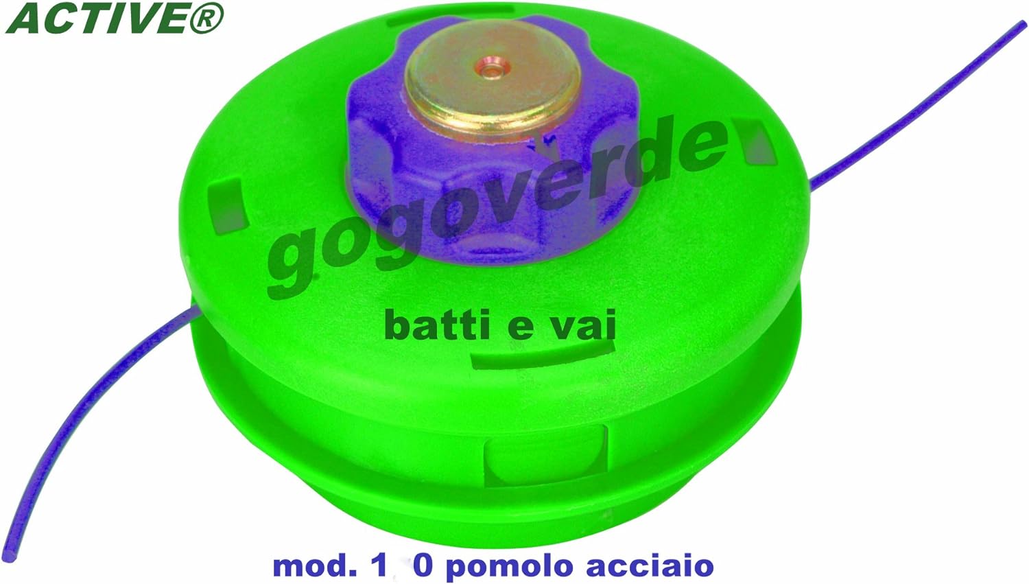 Testina decespugliatore Active modello 1 con pomolo in acciaio, colore verde e viola, sistema "batti e vai". Ideale per taglio erba e giardinaggio. Marchio Gogoverde. Ricambio per decespugliatori. Alta qualità e resistenza.