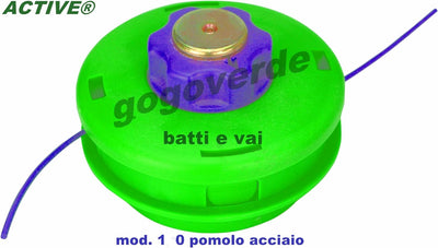 Testina decespugliatore Active modello 1 con pomolo in acciaio, colore verde e viola, sistema "batti e vai". Ideale per taglio erba e giardinaggio. Marchio Gogoverde. Ricambio per decespugliatori. Alta qualità e resistenza.