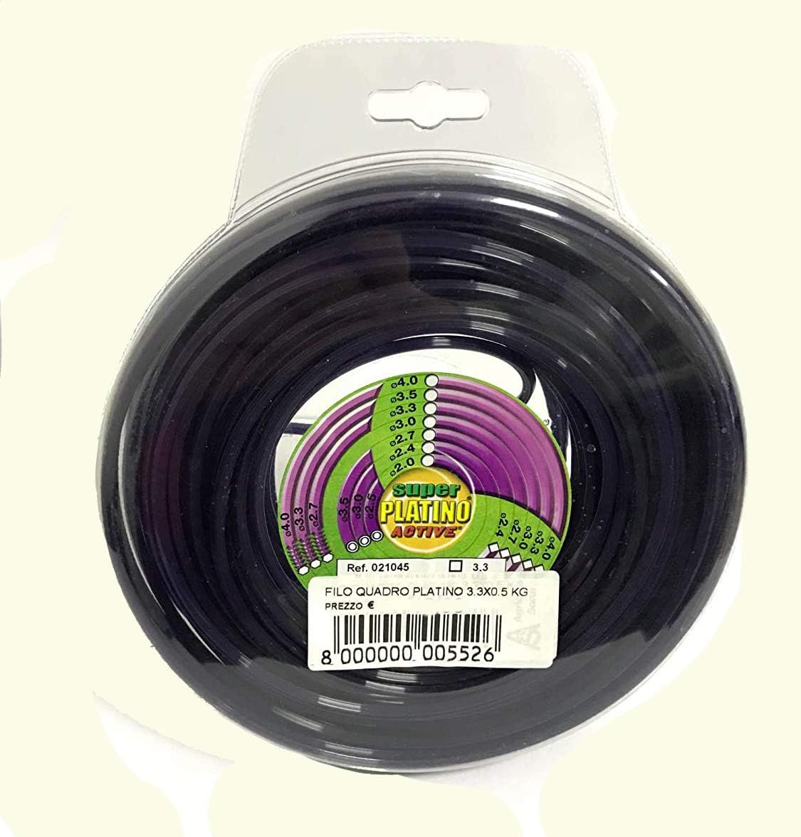 Filo quadro platino 3.3x0.5 kg, Super Platino Active, Ref. 021045, confezione nera con etichetta bianca e codice a barre, ideale per giardinaggio e lavori di precisione, alta qualità e resistenza.