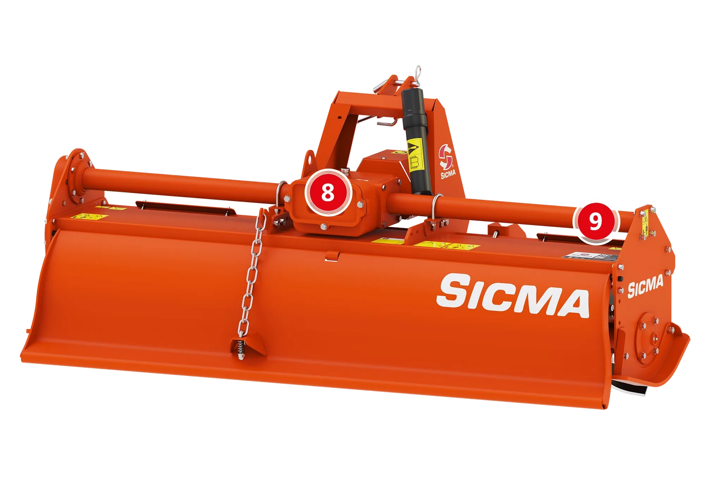 Vista posteriore fresatrice SICMA RC con numerazione evidenziata delle componenti 8 e 9
