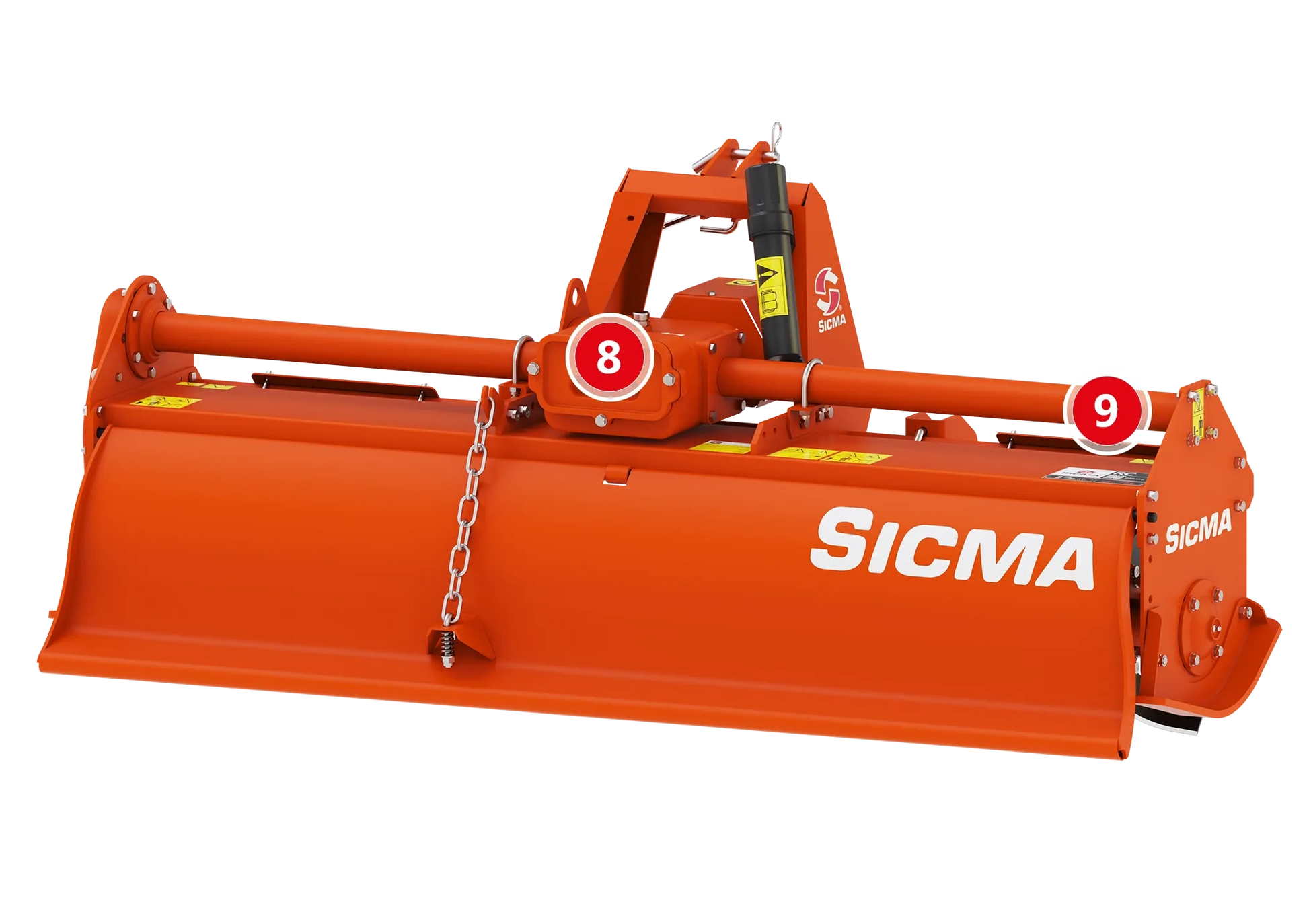 Vista posteriore fresatrice SICMA RC con numerazione evidenziata delle componenti 8 e 9
