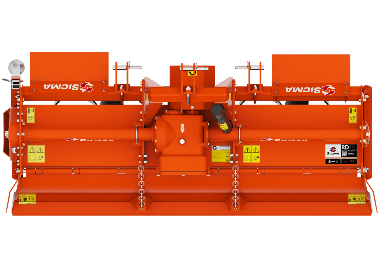 Vista dall'alto della fresatrice RD Sicma che evidenzia il riduttore, le protezioni e le catene di sicurezza.
