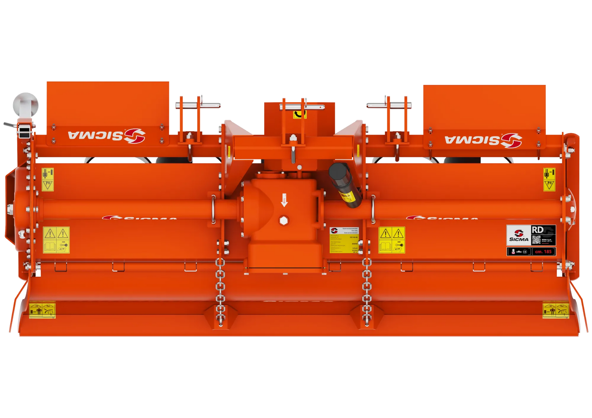 Vista dall'alto della fresatrice RD Sicma che evidenzia il riduttore, le protezioni e le catene di sicurezza.
