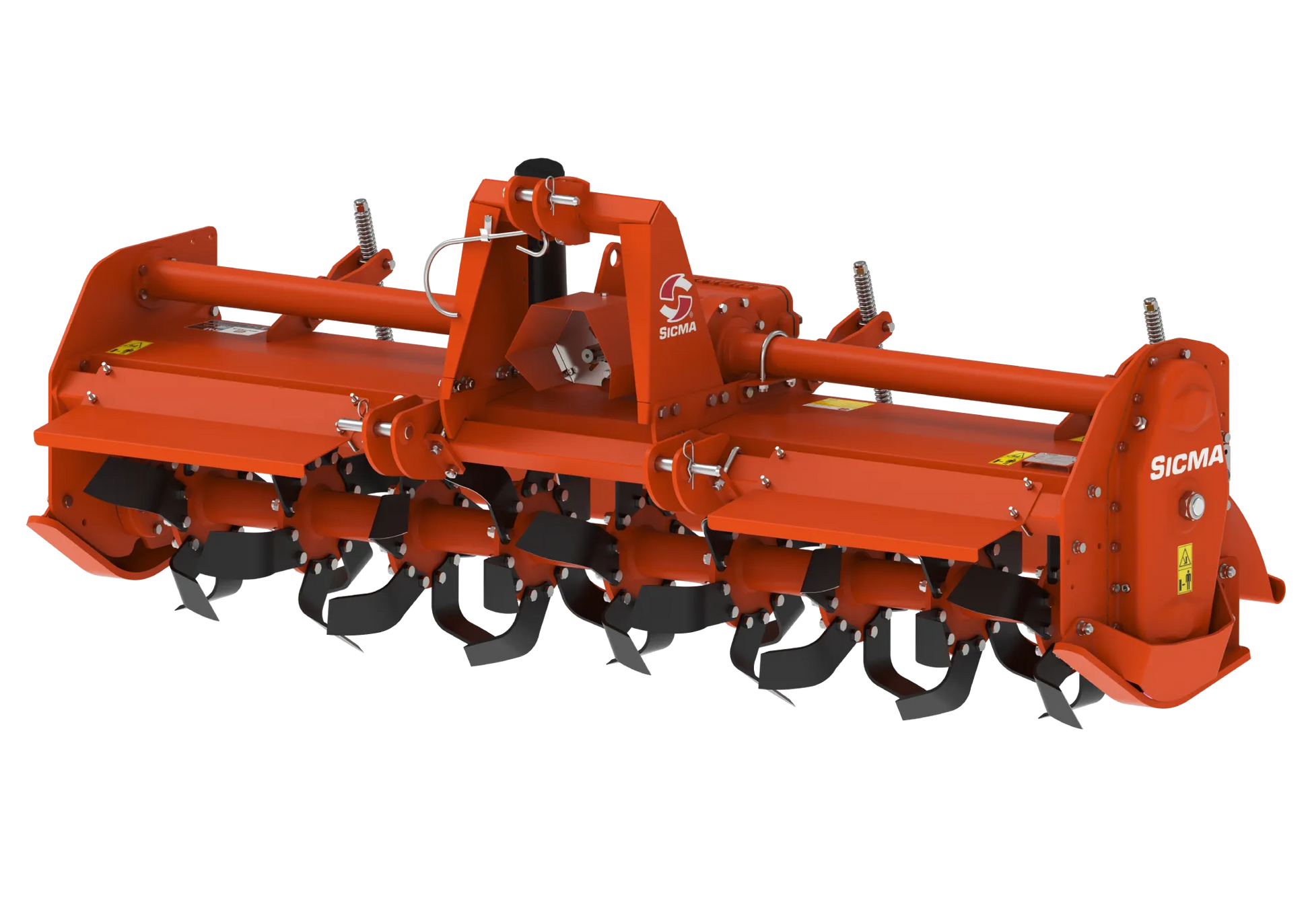 Vista anteriore angolata della fresatrice RM Sicma con zappe e cofano molleggiato in evidenza.
