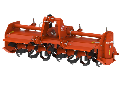 Vista anteriore angolata della fresatrice RM Sicma con zappe e cofano molleggiato in evidenza.
