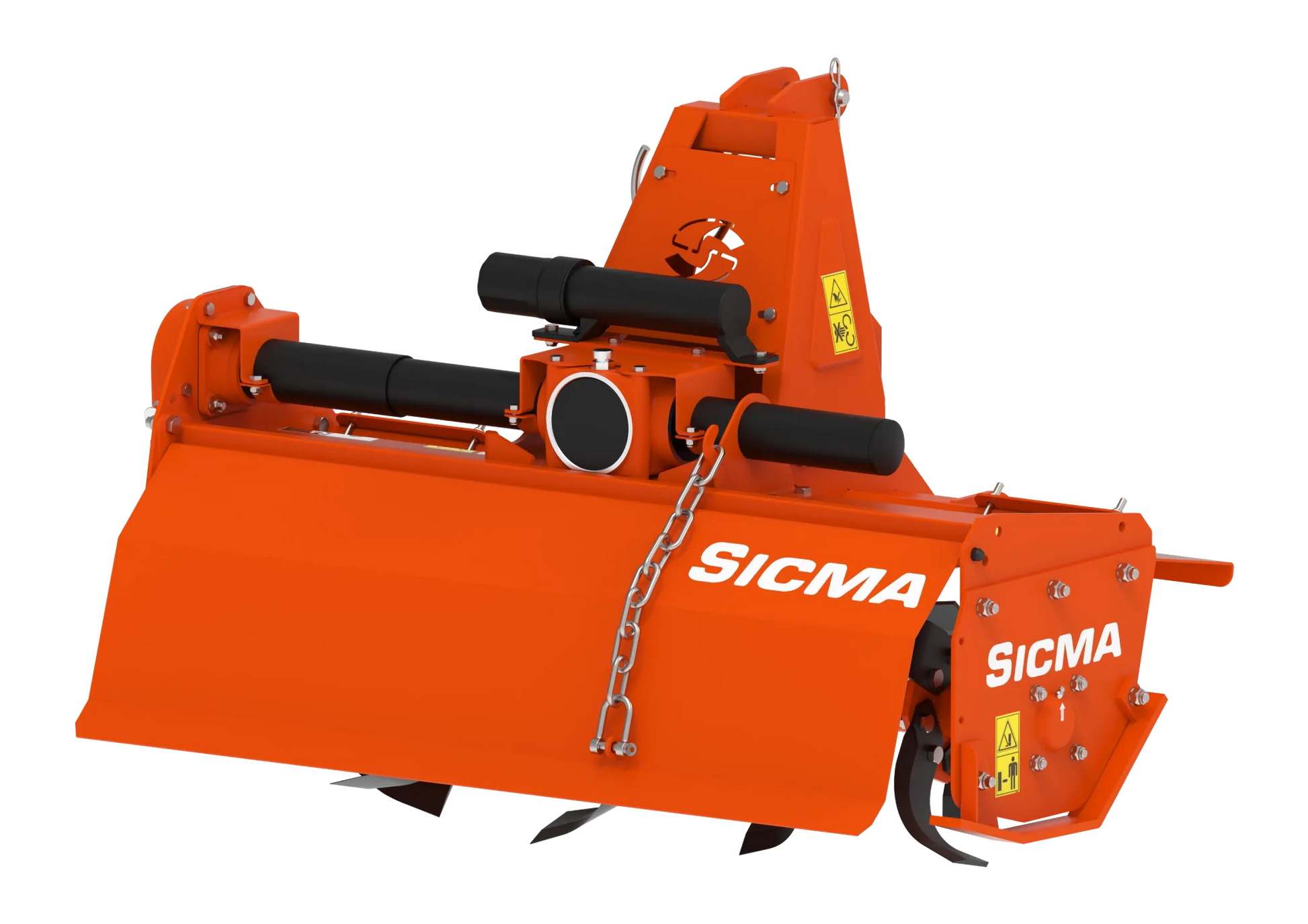 Vista posteriore della fresatrice SA Sicma, colore arancione, con struttura compatta, bracci laterali e adesivi di sicurezza ben visibili.
