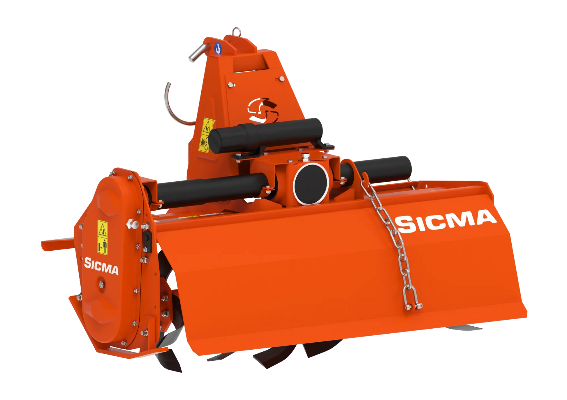 Vista posteriore della fresatrice SA Sicma leggermente angolata, evidenzia i dettagli del telaio, bracci laterali e marchio Sicma bianco.
