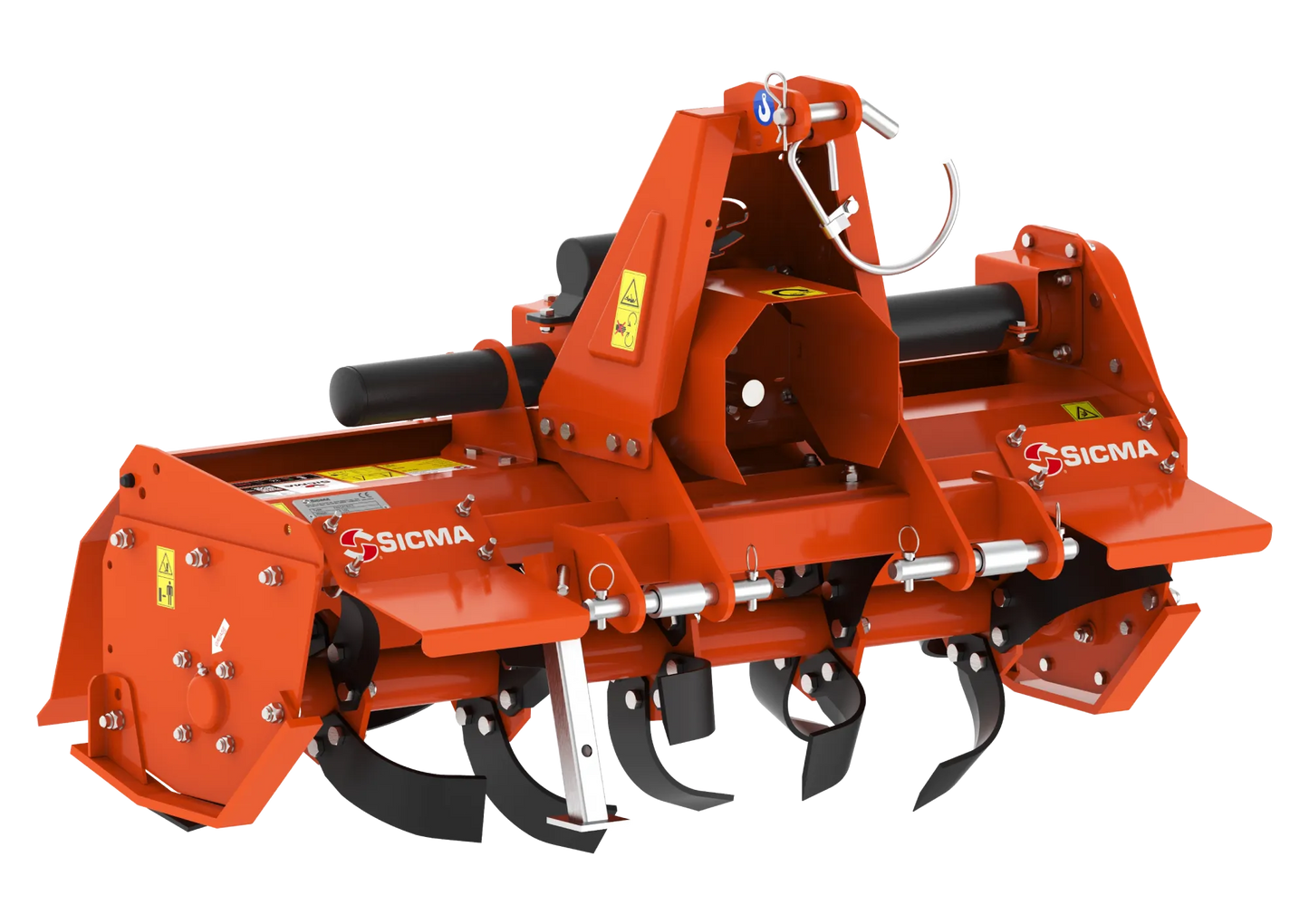 Vista frontale della fresatrice SA Sicma, colore arancione, mostra il telaio robusto, coltelli in primo piano e logo Sicma ben visibile.

