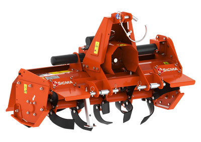 Vista frontale della fresatrice SA Sicma, colore arancione, mostra il telaio robusto, coltelli in primo piano e logo Sicma ben visibile.
