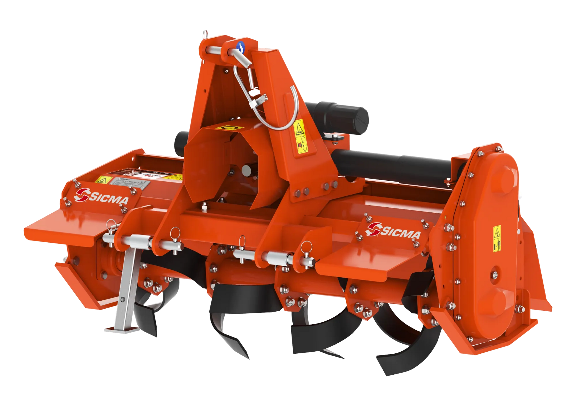 Vista frontale laterale della fresatrice SA Sicma, mette in risalto il telaio e i coltelli, con struttura arancione e dettagli tecnici.

