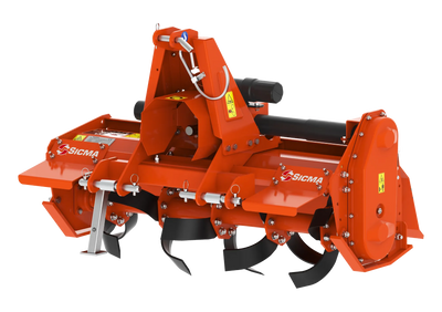 Vista frontale laterale della fresatrice SA Sicma, mette in risalto il telaio e i coltelli, con struttura arancione e dettagli tecnici.
