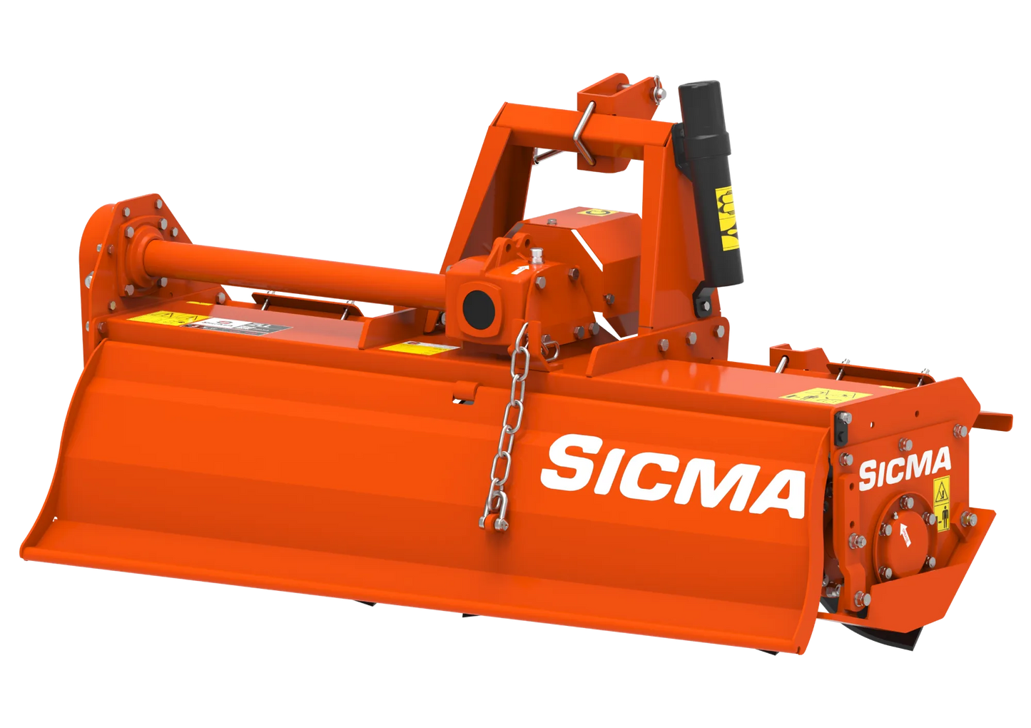 Vista posteriore della fresatrice Sicma ZLL con attacco a tre punti e protezioni laterali visibili.
