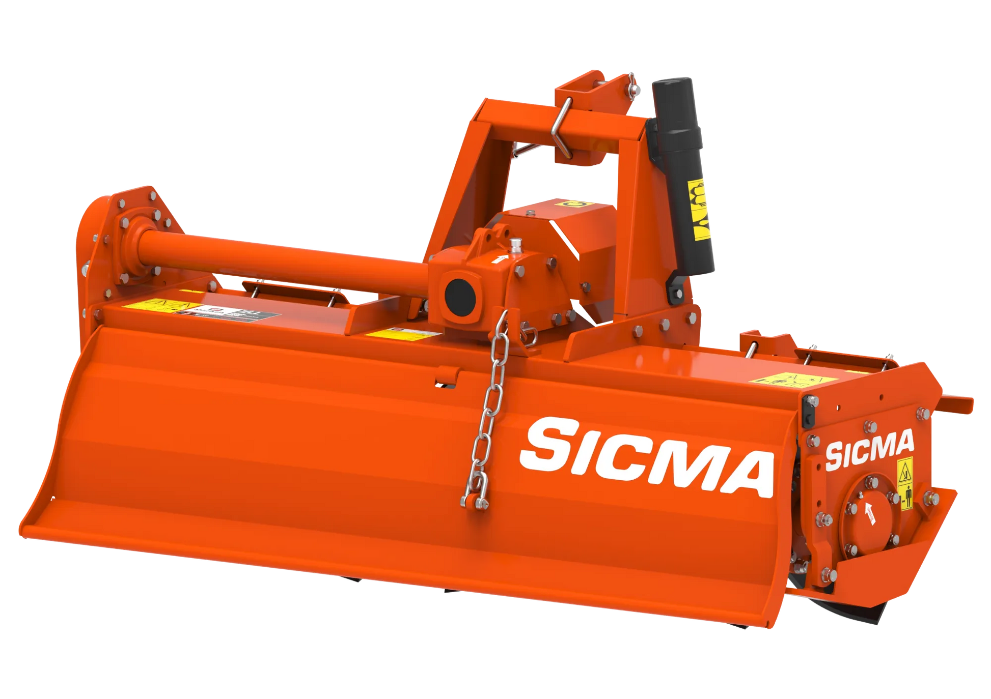 Vista posteriore della fresatrice Sicma ZLL con attacco a tre punti e protezioni laterali visibili.
